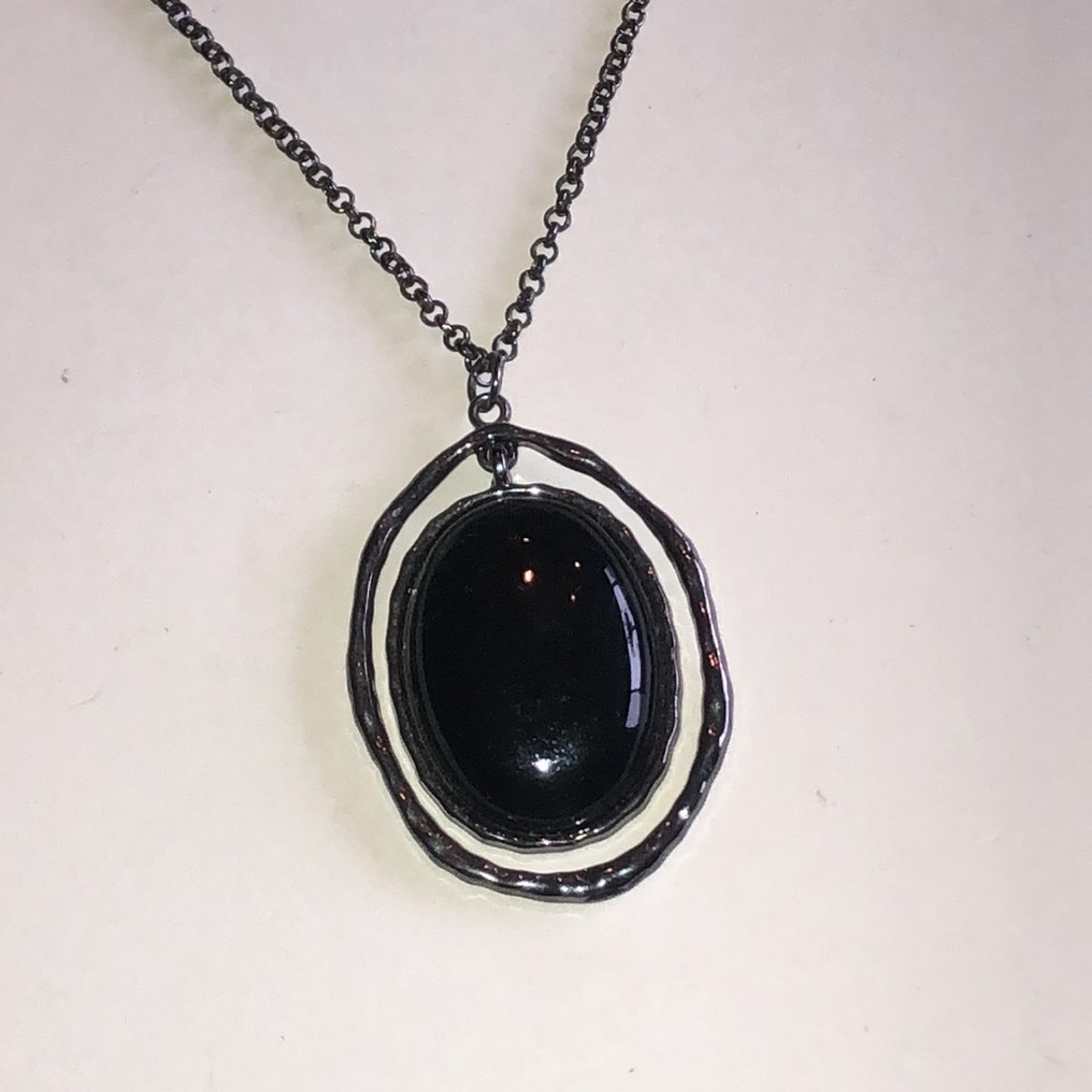 Dark Metal Gunmetal Black Oval Pendant Necklace